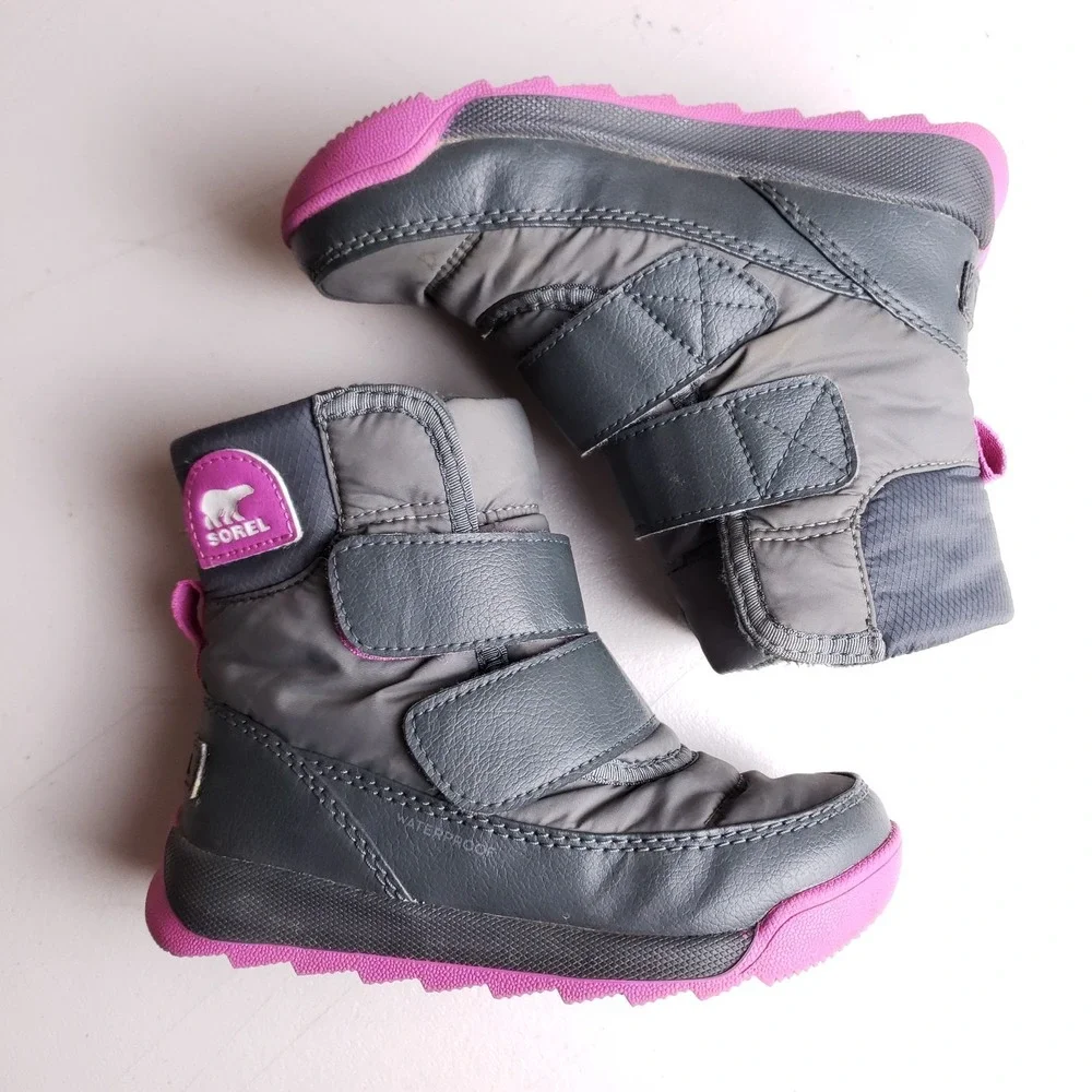 Sorel Kids Size 10 Waterproof Snow Boots Gray Pink Insulated Winter Gorpcore